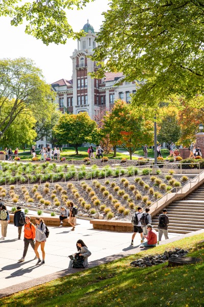 Hall of Languages building behind trees displayed in a new window