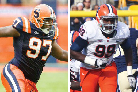 Art Jones (left) and Chandler Jones playing football