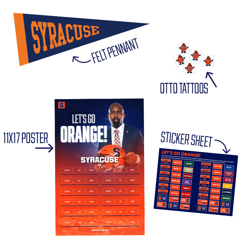 A display of what is included in the game day kit featuring an 11x17 poster, a sticker sheet for the poster, a felt pennant and Otto tattoos banner
        				